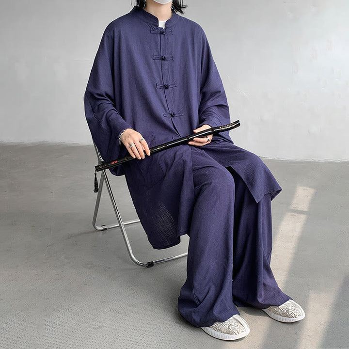 Buddha Stones 2 szt. męska koszula z długim rękawem i guzikami żaba spodnie medytacyjne zen bawełniany zestaw ubrań - image 15