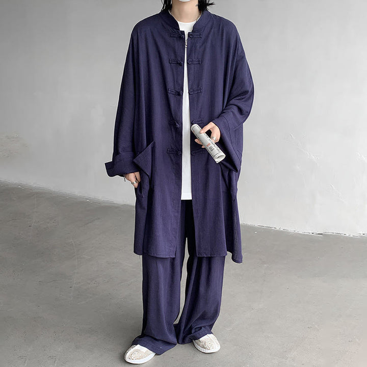 Buddha Stones 2 szt. męska koszula z długim rękawem i guzikami żaba spodnie medytacyjne zen bawełniany zestaw ubrań - image 12