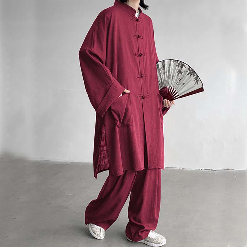 Buddha Stones 2 szt. męska koszula z długim rękawem i guzikami żaba spodnie medytacyjne zen bawełniany zestaw ubrań - Cegła ogniotrwała - US/UK/AU46, EU56 (5XL) - image 18