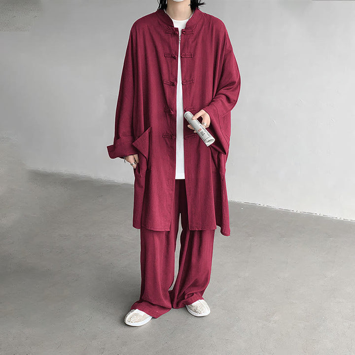 Buddha Stones 2 szt. męska koszula z długim rękawem i guzikami żaba spodnie medytacyjne zen bawełniany zestaw ubrań - image 20