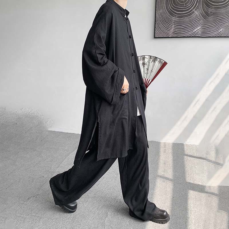 Buddha Stones 2 szt. męska koszula z długim rękawem i guzikami żaba spodnie medytacyjne zen bawełniany zestaw ubrań - image 23