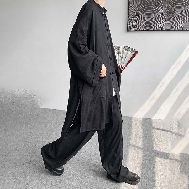 Buddha Stones 2 szt. męska koszula z długim rękawem i guzikami żaba spodnie medytacyjne zen bawełniany zestaw ubrań - image 23