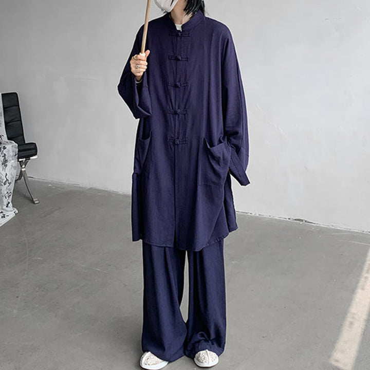 Buddha Stones 2 szt. męska koszula z długim rękawem i guzikami żaba spodnie medytacyjne zen bawełniany zestaw ubrań - image 14