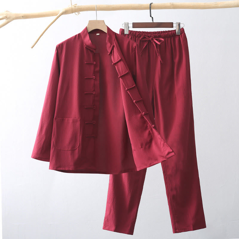 Buddha Stones 2-częściowy Tang Suit Tradycyjny Żabkowy Guzik Męski Długi Rękaw Koszula Spodnie Odzież Zestaw - Karmazynowy - US/UK/AU44, EU54 (4XL) - image 14