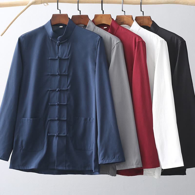 Buddha Stones 2-częściowy Tang Suit Tradycyjny Żabkowy Guzik Męski Długi Rękaw Koszula Spodnie Odzież Zestaw - image 1