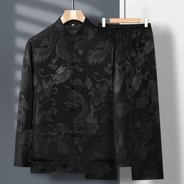 Buddha Stones 2-częściowy Tang Suit Dragon Frog-Button Męska koszula z długim rękawem i spodniami Zestaw ubrań - Czarny - US/UK/AU42, EU52 (3XL) - image 20