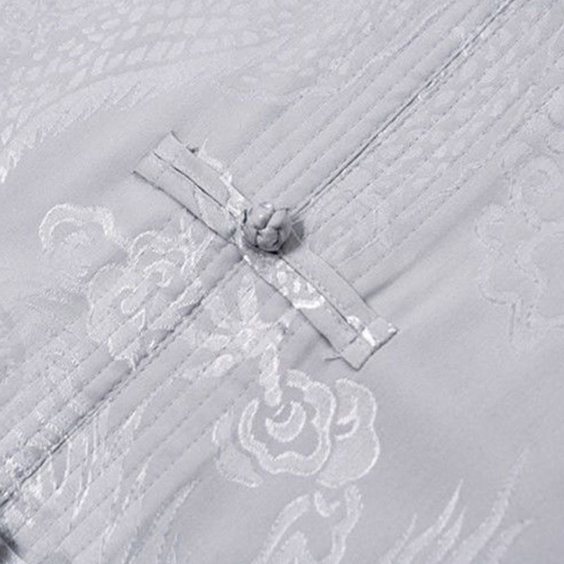 Buddha Stones 2-częściowy Tang Suit Dragon Frog-Button Męska koszula z długim rękawem i spodniami Zestaw ubrań - image 11