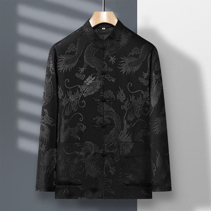 Buddha Stones 2-częściowy Tang Suit Dragon Frog-Button Męska koszula z długim rękawem i spodniami Zestaw ubrań - image 21