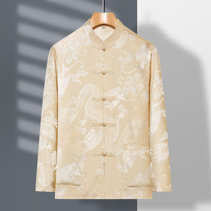 Buddha Stones 2-częściowy Tang Suit Dragon Frog-Button Męska koszula z długim rękawem i spodniami Zestaw ubrań - image 3