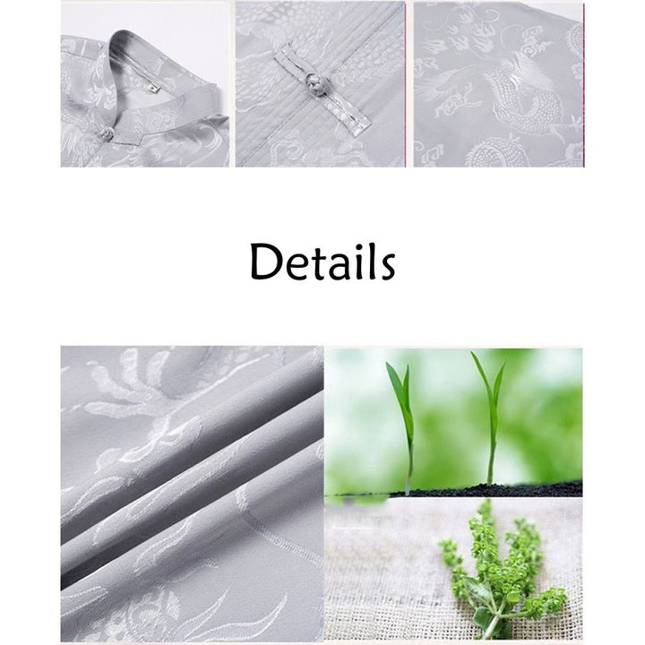 Buddha Stones 2-częściowy Tang Suit Dragon Frog-Button Męska koszula z długim rękawem i spodniami Zestaw ubrań - image 15