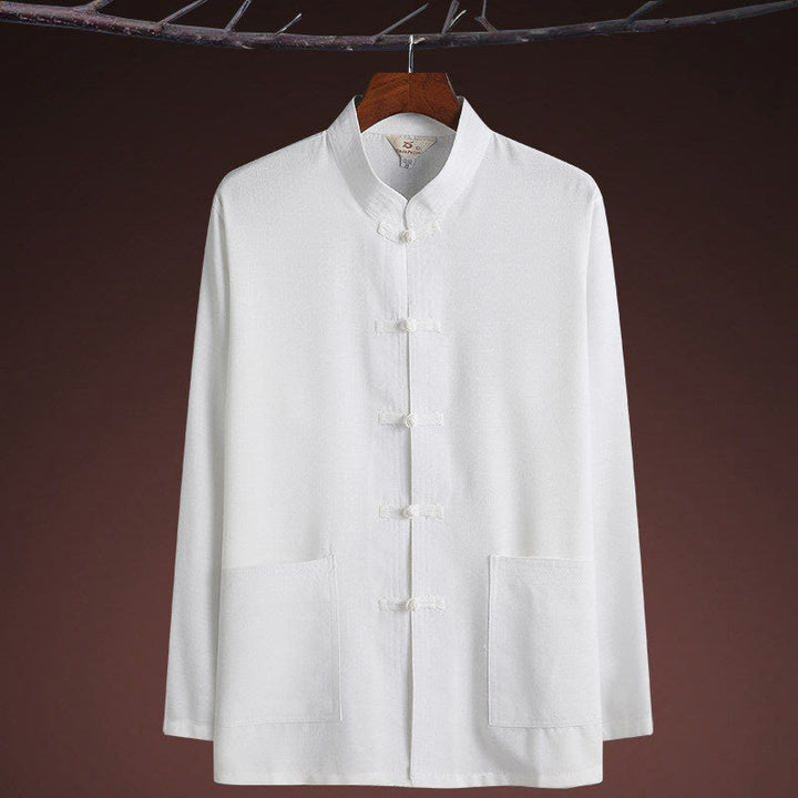 Buddha Stones 2-częściowy Tang Suit Jednolity Kolor Żaba-Guzik Męska Koszula Z Długim Rękawem Spodnie Zestaw - image 22