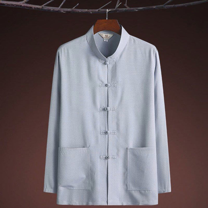 Buddha Stones 2-częściowy Tang Suit Jednolity Kolor Żaba-Guzik Męska Koszula Z Długim Rękawem Spodnie Zestaw - image 7