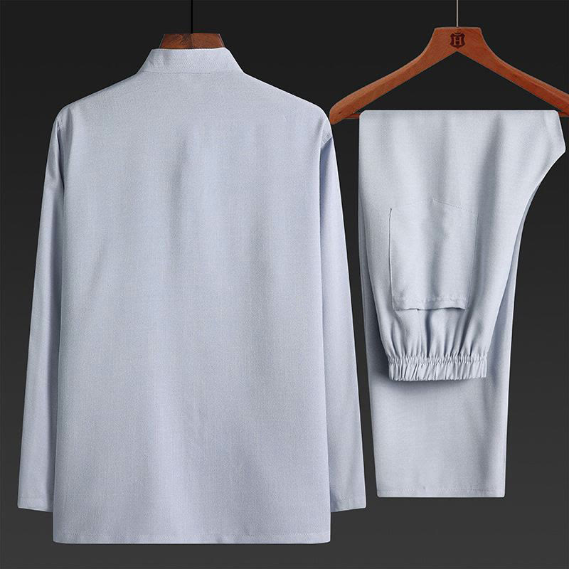 Buddha Stones 2-częściowy Tang Suit Jednolity Kolor Żaba-Guzik Męska Koszula Z Długim Rękawem Spodnie Zestaw - image 6