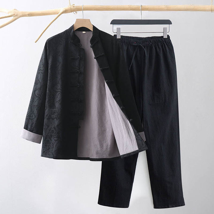 Buddha Stones 2 szt. męski garnitur Tang żakardowy wzór winorośli żaba-guzik bawełniany długi rękaw koszula spodnie zestaw - Czarny - US/UK/AU44, EU54 (4XL) - image 10