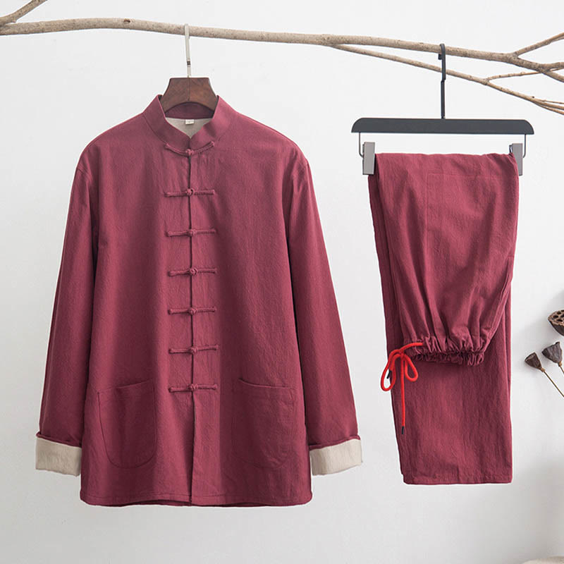 Buddha Stones 2-częściowy Zen Tang Suit męski lniany zestaw koszul z długim rękawem i spodniami z żabą - Cegła ogniotrwała - US/UK/AU44, EU54 (4XL) - image 18