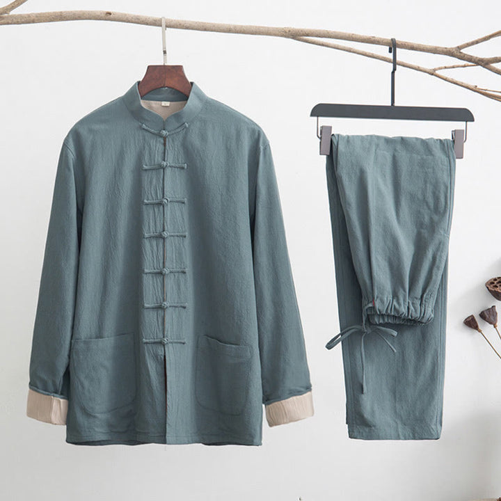 Buddha Stones 2-częściowy Zen Tang Suit męski lniany zestaw koszul z długim rękawem i spodniami z żabą - CadetBlue - US/UK/AU44, EU54 (4XL) - image 4