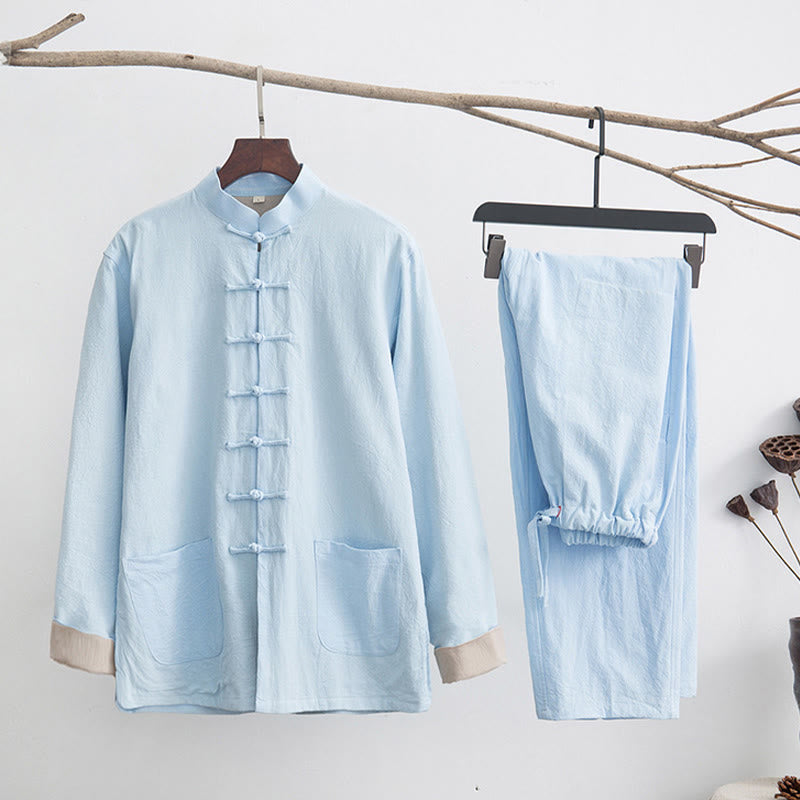 Buddha Stones 2-częściowy Zen Tang Suit męski lniany zestaw koszul z długim rękawem i spodniami z żabą - Jasnoniebieski - US/UK/AU44, EU54 (4XL) - image 22