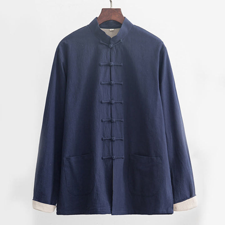 Buddha Stones 2-częściowy Zen Tang Suit męski lniany zestaw koszul z długim rękawem i spodniami z żabą - image 24