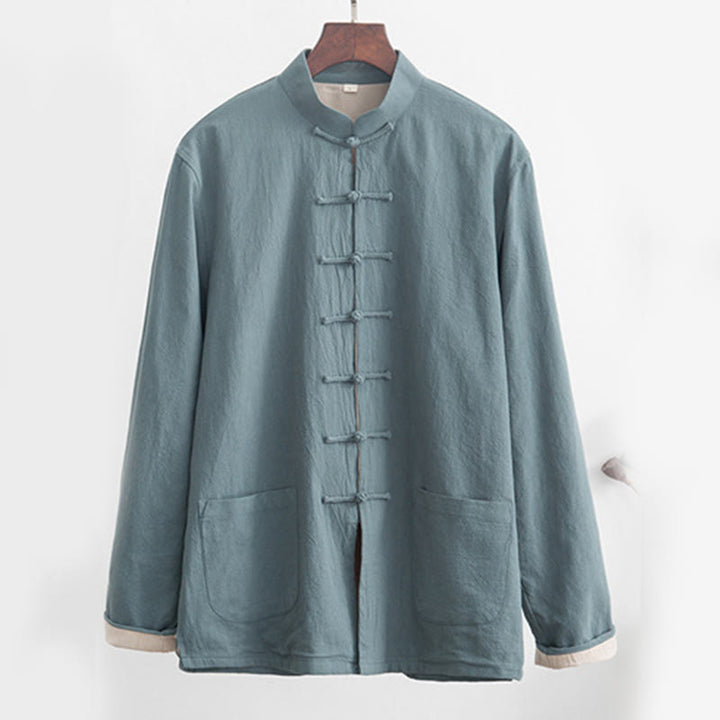 Buddha Stones 2-częściowy Zen Tang Suit męski lniany zestaw koszul z długim rękawem i spodniami z żabą - image 5