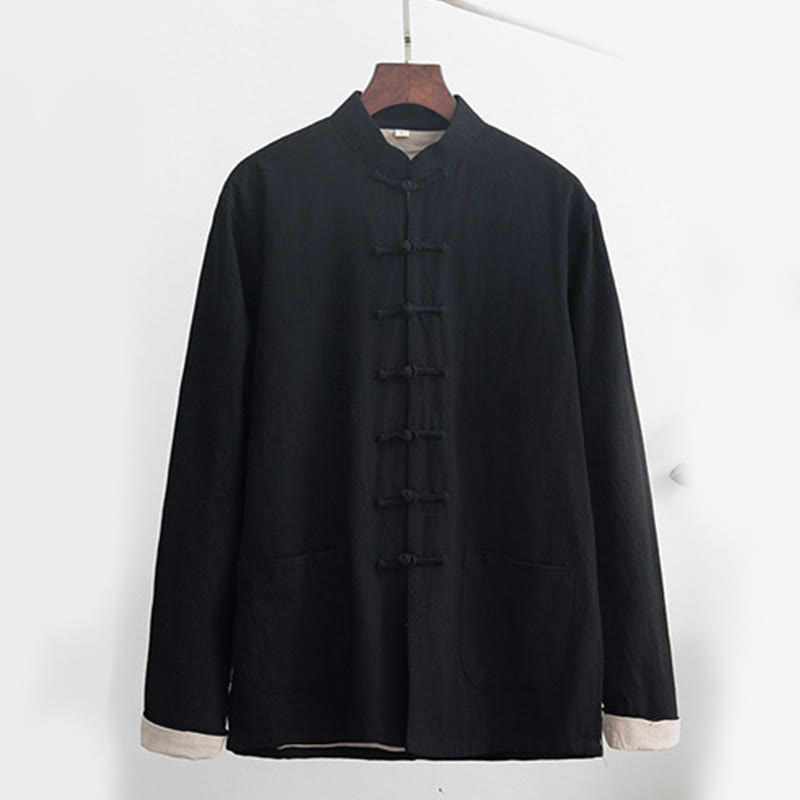 Buddha Stones 2-częściowy Zen Tang Suit męski lniany zestaw koszul z długim rękawem i spodniami z żabą - image 3