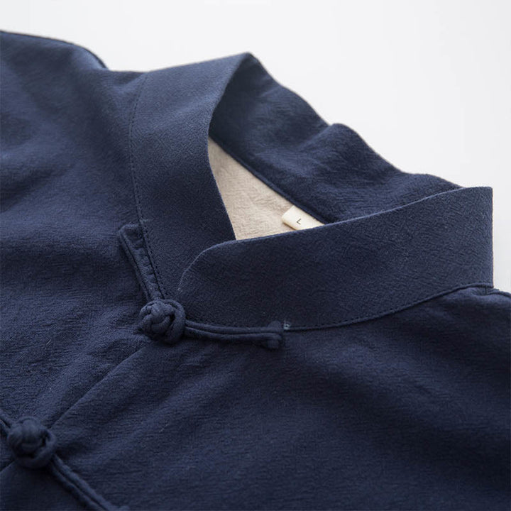 Buddha Stones 2-częściowy Zen Tang Suit męski lniany zestaw koszul z długim rękawem i spodniami z żabą - image 25