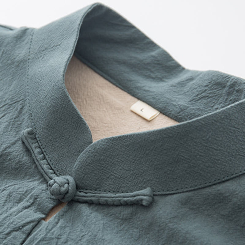 Buddha Stones 2-częściowy Zen Tang Suit męski lniany zestaw koszul z długim rękawem i spodniami z żabą - image 6