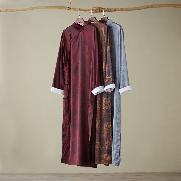 Buddha Stones Vintage Chiński Żaba-Guzik Tang Garnitur Męski Smok Bawełniany Robe