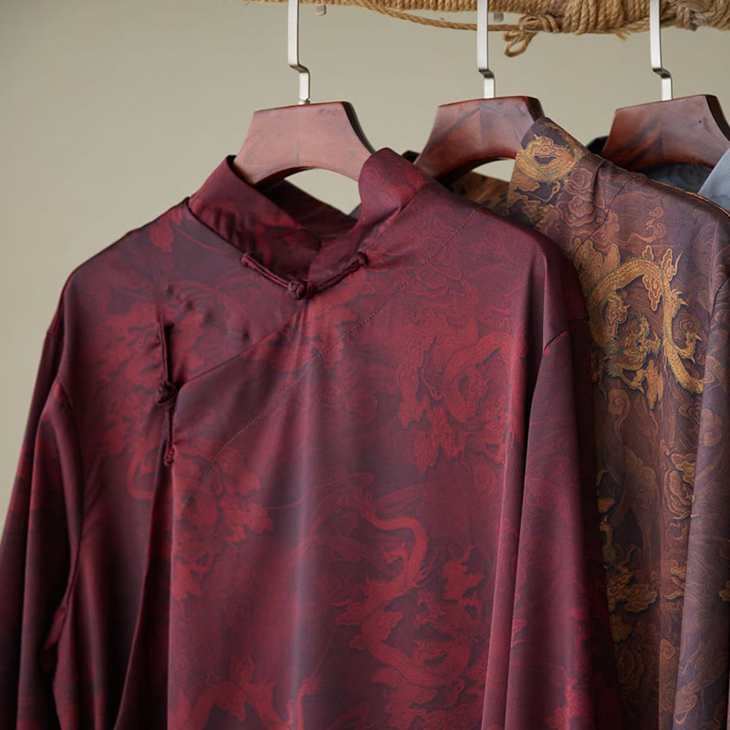 Buddha Stones Vintage Chiński Żaba-Guzik Tang Garnitur Męski Smok Bawełniany Robe