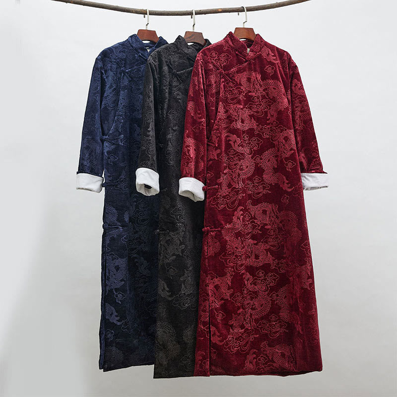 Buddha Stones Vintage Jesień Zima Chiński Żaba-Guzik Tang Garnitur Męski Smok Żakardowy Szata Z Kieszeniami - image 1