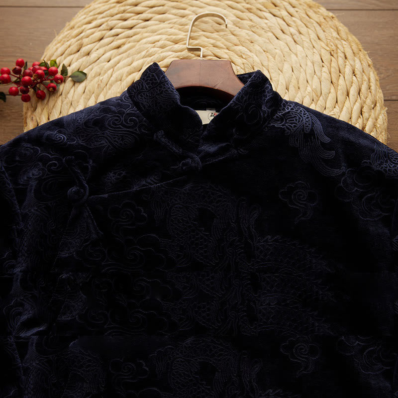 Buddha Stones Vintage Jesień Zima Chiński Żaba-Guzik Tang Garnitur Męski Smok Żakardowy Szata Z Kieszeniami - image 9