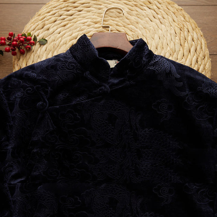 Buddha Stones Vintage Jesień Zima Chiński Żaba-Guzik Tang Garnitur Męski Smok Żakardowy Szata Z Kieszeniami - image 9