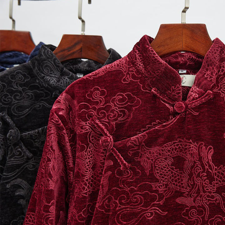Buddha Stones Vintage Jesień Zima Chiński Żaba-Guzik Tang Garnitur Męski Smok Żakardowy Szata Z Kieszeniami - image 26