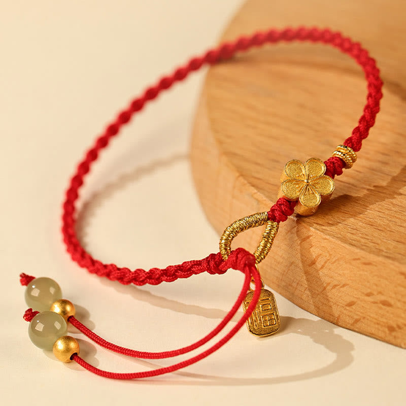 Buddha Stones Hetian Jade Mały Brzoskwiniowy Kwiat Fu Charakter Charm Bransoletka Sznurek Szczęścia