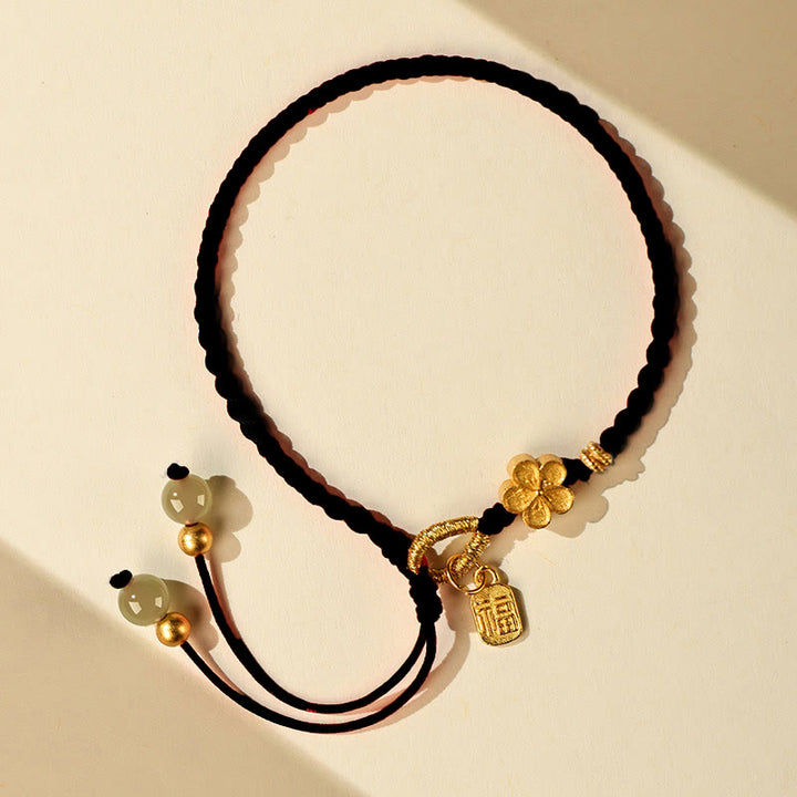 Buddha Stones Hetian Jade Mały Brzoskwiniowy Kwiat Fu Charakter Charm Bransoletka Sznurek Szczęścia