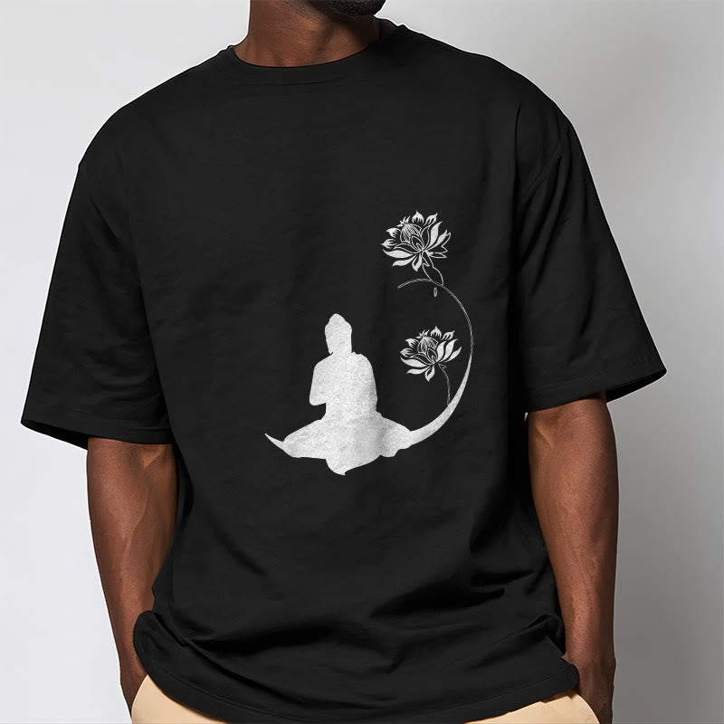 Buddha Stones Budda Siedzący Z Kwiatami Lotosu Wzór Wzór Koszulka T-shirt - image 2