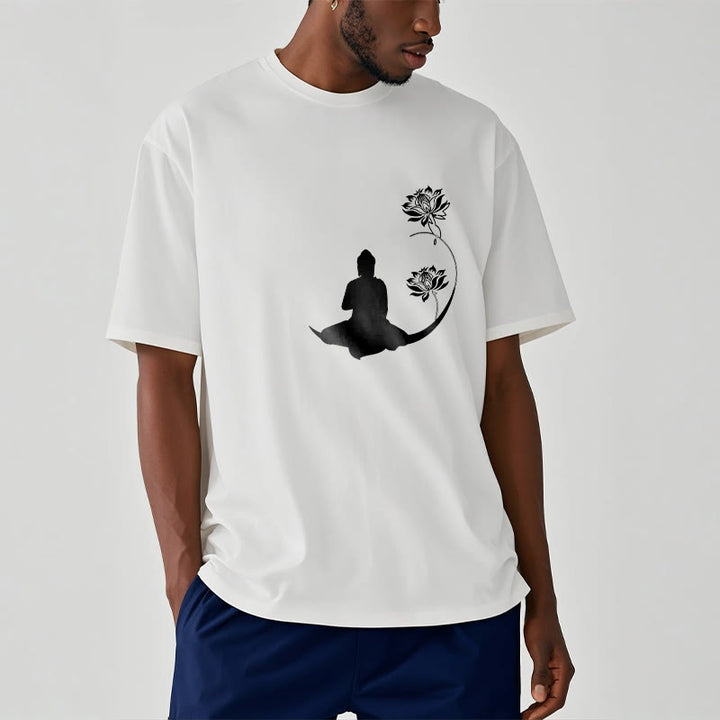 Buddha Stones Budda Siedzący Z Kwiatami Lotosu Wzór Wzór Koszulka T-shirt - image 7