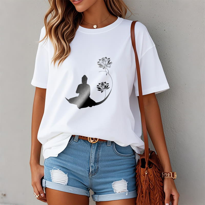 Buddha Stones Budda Siedzący Z Kwiatami Lotosu Wzór Wzór Koszulka T-shirt - image 8