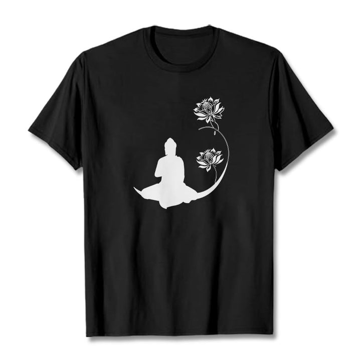 Buddha Stones Budda Siedzący Z Kwiatami Lotosu Wzór Wzór Koszulka T-shirt - Czarny - 2XL - image 1