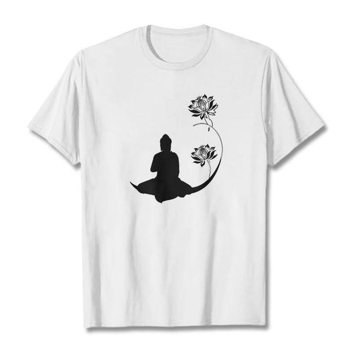 Buddha Stones Budda Siedzący Z Kwiatami Lotosu Wzór Wzór Koszulka T-shirt - Biały - 2XL - image 6