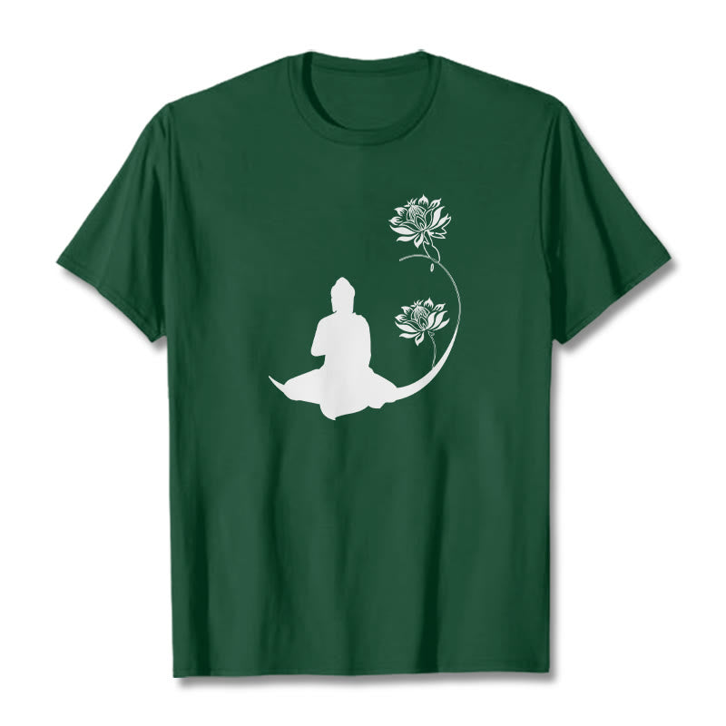 Buddha Stones Budda Siedzący Z Kwiatami Lotosu Wzór Wzór Koszulka T-shirt - ForestGreen - 2XL - image 11