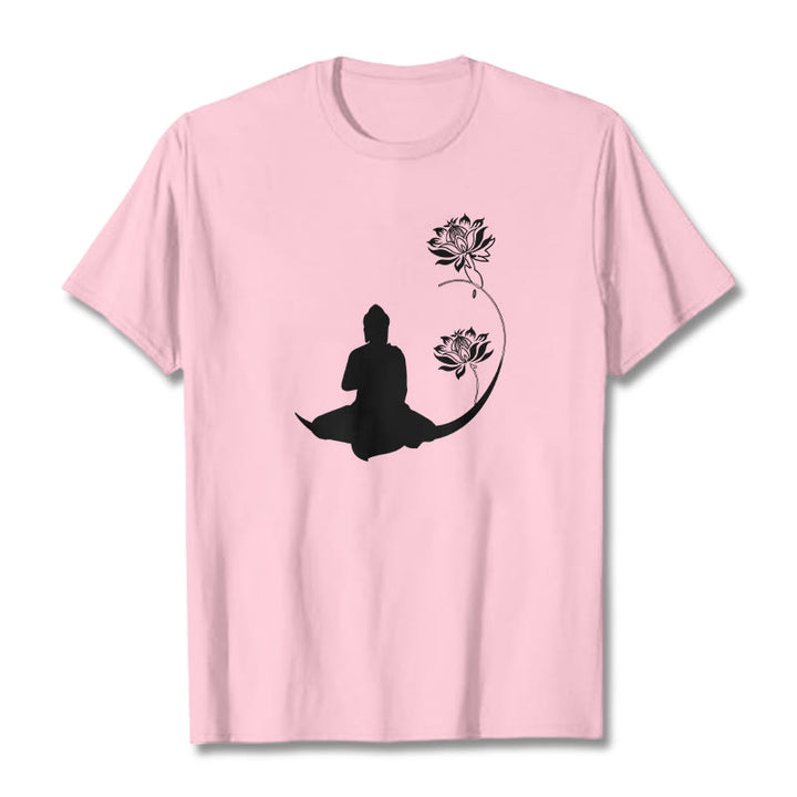 Buddha Stones Budda Siedzący Z Kwiatami Lotosu Wzór Wzór Koszulka T-shirt - Jasnoróżowy - 2XL - image 13