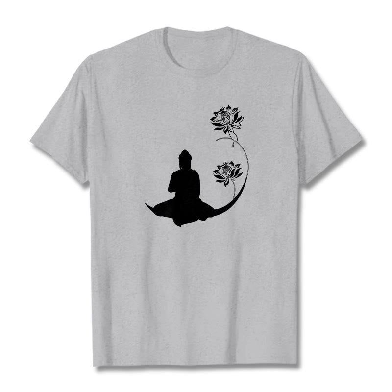 Buddha Stones Budda Siedzący Z Kwiatami Lotosu Wzór Wzór Koszulka T-shirt - Jasnoszary - 2XL - image 20