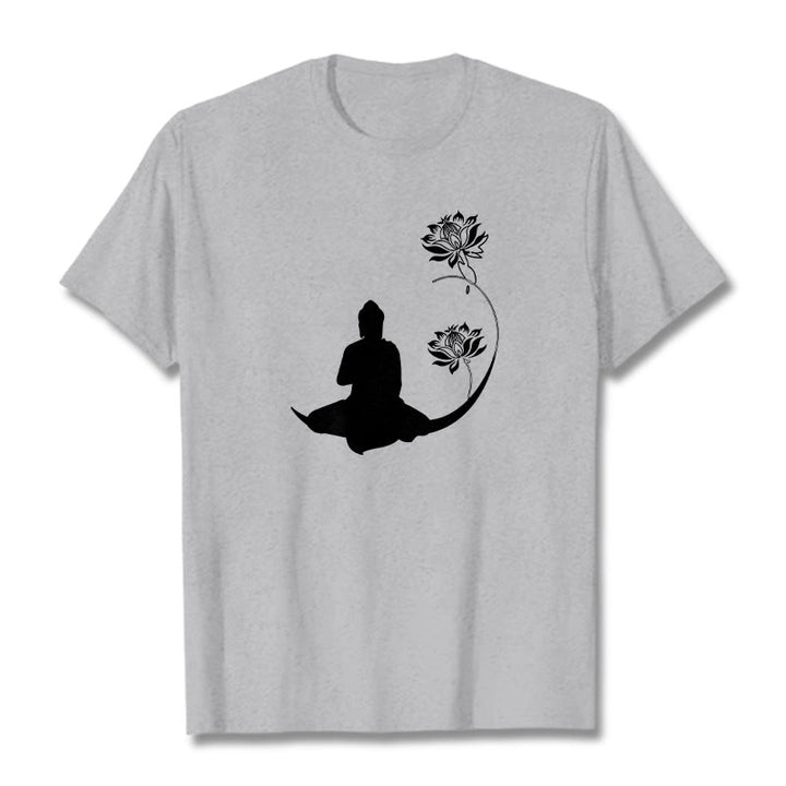 Buddha Stones Budda Siedzący Z Kwiatami Lotosu Wzór Wzór Koszulka T-shirt - Jasnoszary - 2XL - image 20