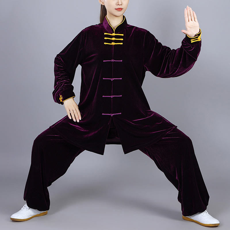 Buddha Stones 2 szt. Jesień Zima Tai Chi Qigong Praktyka Unisex Żaba-guzik Medytacja Welur Odzież Zestaw - Ciemna Magenta - 3XL- PASUJE DO USA/UK/AU/EU- XL - image 14