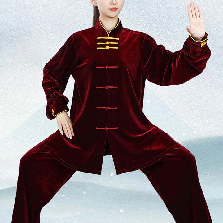 Buddha Stones 2 szt. Jesień Zima Tai Chi Qigong Praktyka Unisex Żaba-guzik Medytacja Welur Odzież Zestaw - image 5