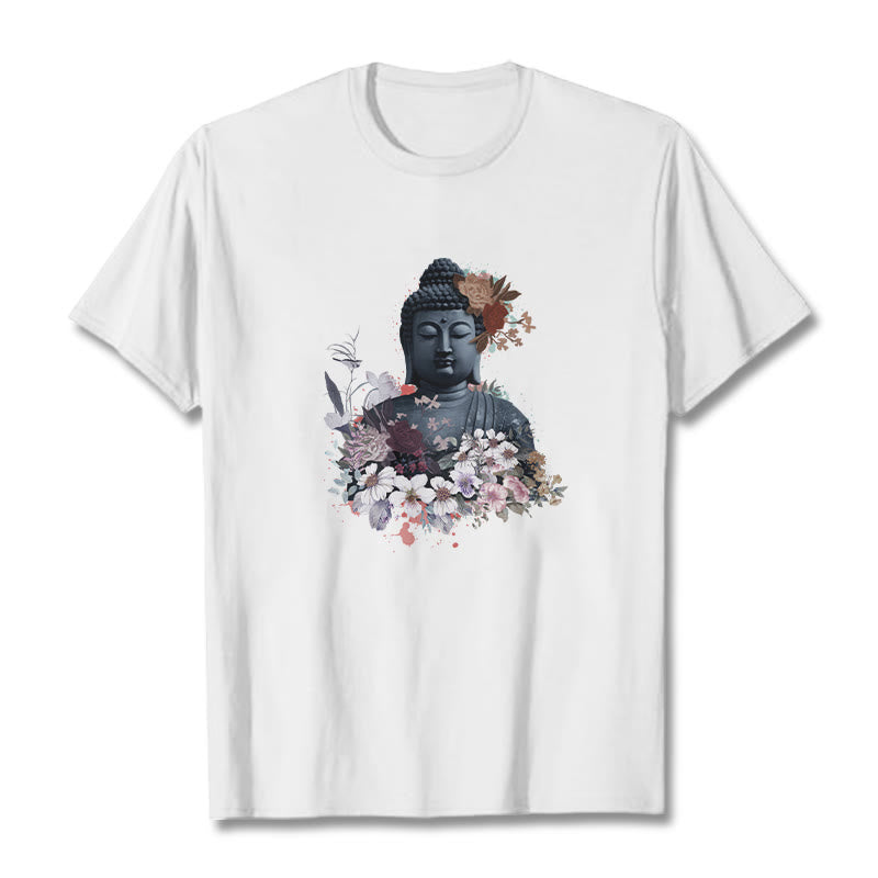 Buddha Stones Kolorowe Kwiaty Wokół Buddy Wzór Koszulka T-shirt - Biały - 2XL - image 1