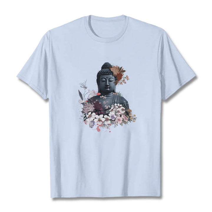 Buddha Stones Kolorowe Kwiaty Wokół Buddy Wzór Koszulka T-shirt - Jasnoniebieski - 2XL - image 19