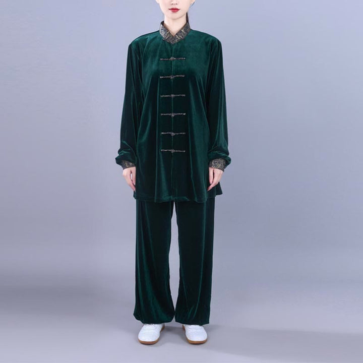 Buddha Stones 2 szt. Jesień Zima Tai Chi Qigong Pomyślne Chmury Stojący Kołnierz Żaba-Guzik Unisex Welur Medytacja Odzież Zestaw - image 18