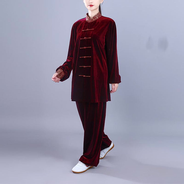 Buddha Stones 2 szt. Jesień Zima Tai Chi Qigong Pomyślne Chmury Stojący Kołnierz Żaba-Guzik Unisex Welur Medytacja Odzież Zestaw - image 4