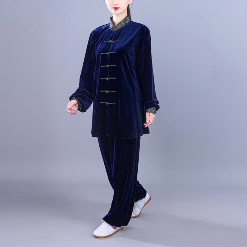 Buddha Stones 2 szt. Jesień Zima Tai Chi Qigong Pomyślne Chmury Stojący Kołnierz Żaba-Guzik Unisex Welur Medytacja Odzież Zestaw - image 14